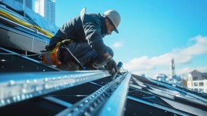 a professional technician skillfully repairing a sleek metallic eavestrough on a modern urban building, with clear blue skies and city architecture in the background, highlighting expert craftsmanship in a bustling environment.