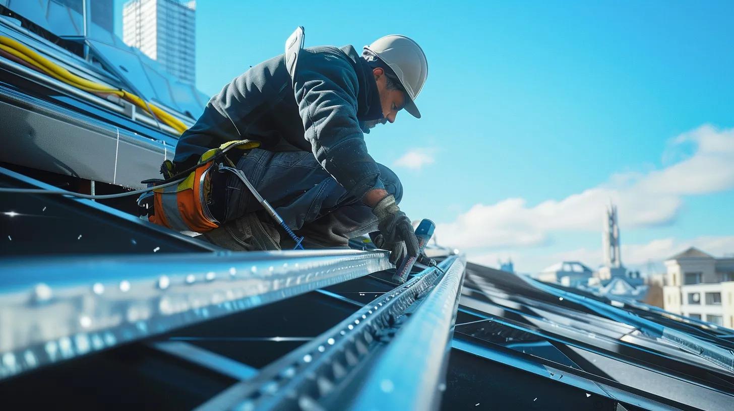 a professional technician skillfully repairing a sleek metallic eavestrough on a modern urban building, with clear blue skies and city architecture in the background, highlighting expert craftsmanship in a bustling environment.
