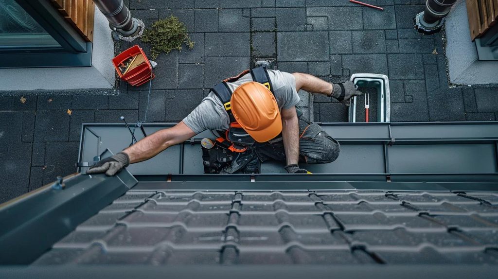 a detailed view of a professional handyman inspecting a flawlessly maintained eavestrough system on a modern building, with tools neatly arranged beside him, emphasizing the importance of proper maintenance practices.