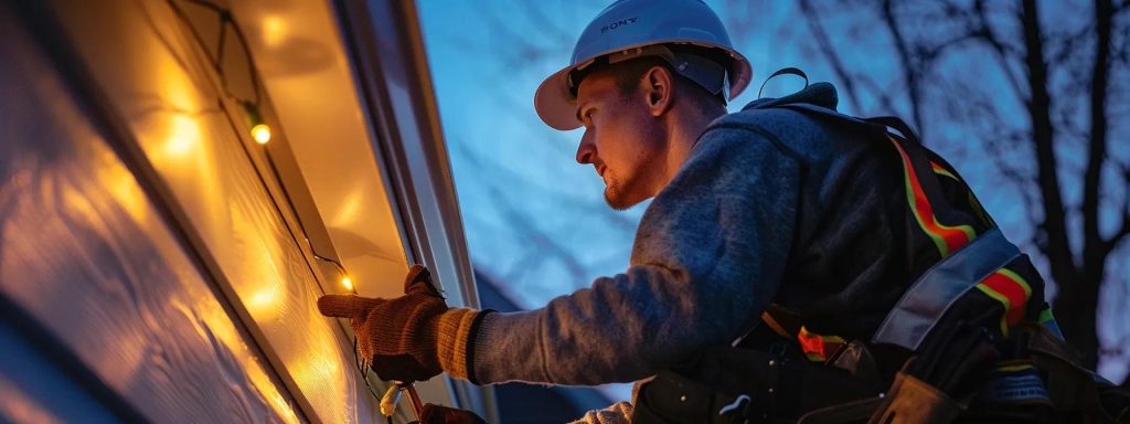 a focused shot of a professional kitchener eavestrough repair expert inspecting a durable installation on a suburban home, showcasing their specialized tools and the distinct architectural features of the area under bright, clear artificial lighting.