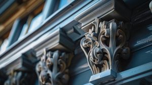 a close-up view of a professional contractor inspecting an ornate eavestrough system on a modern building, highlighting attention to detail and the importance of proper maintenance techniques.