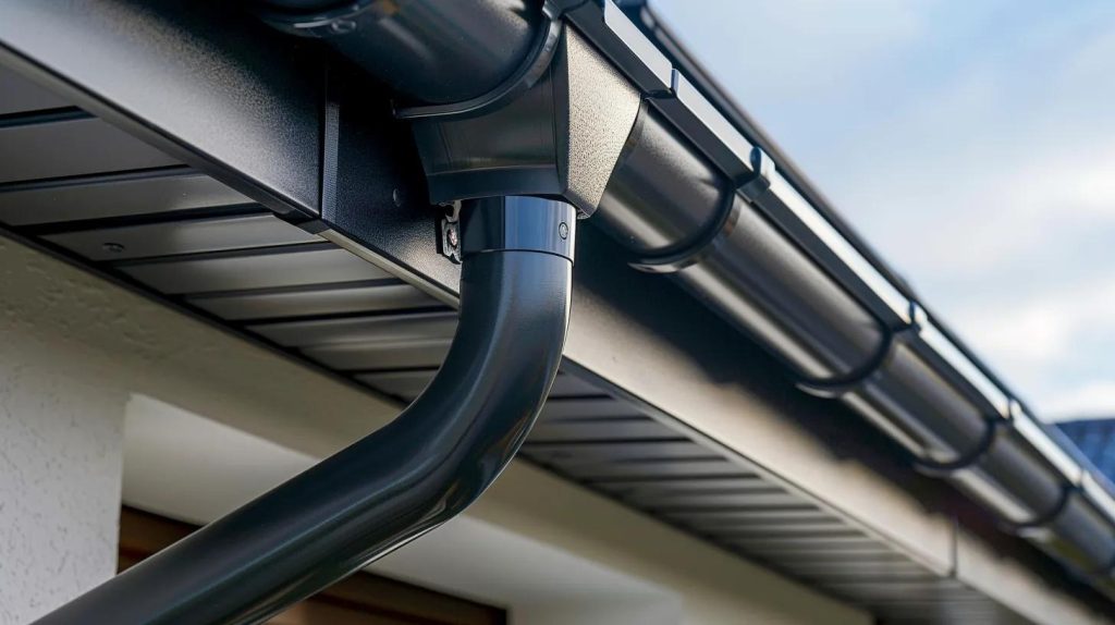 a detailed close-up of a well-installed gutter system on a modern home, showcasing seamless joints and sturdy brackets against a sleek urban backdrop, highlighting the importance of quality craftsmanship in preventing maintenance issues.