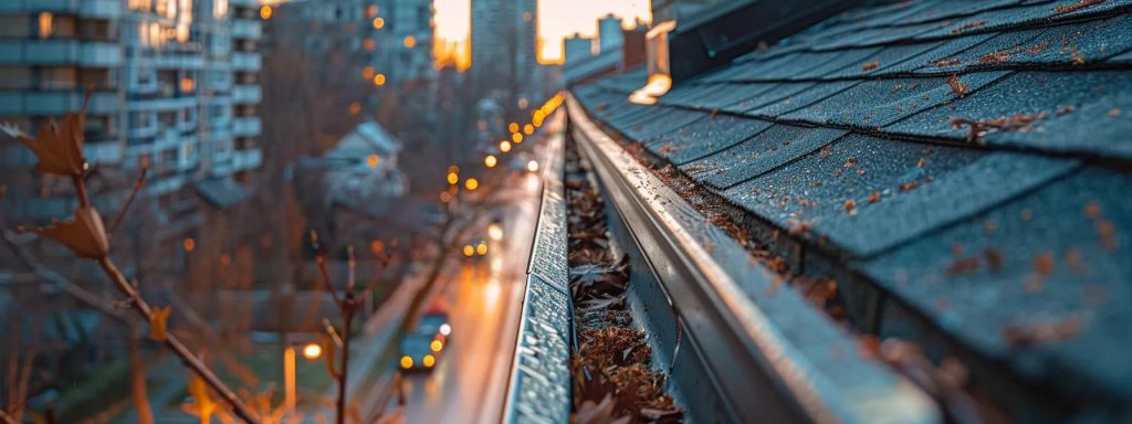 a close-up view of a well-maintained eavestrough system on a residential building, framed within a bustling urban setting, showcasing the contrast between the sturdy, clean gutters and the dynamic architecture of kitchener's seasonal backdrop.