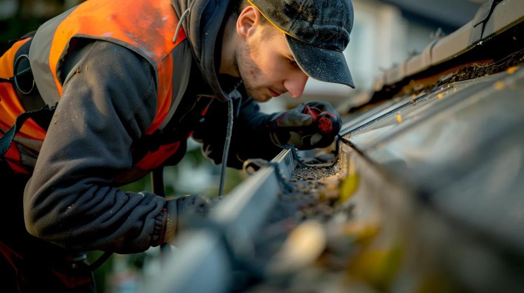 a detailed, close-up view of a technician inspecting a residential gutter system from a rooftop vantage point, showcasing tools and equipment in a modern urban setting under bright artificial lighting.
